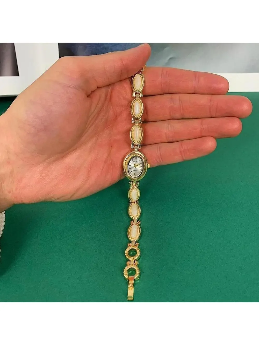 Y2k style Dainty cute Gold style tone quartz watch with white jade stone opal ac